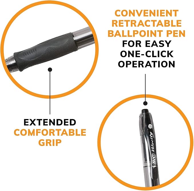 BIC VLGB11BK Velocity Retractable Ballpoint Pen, Black Ink, 1.6mm, Bold, Dozen