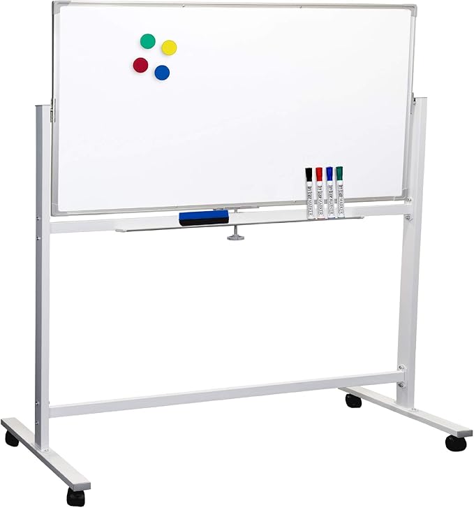 Excello Global Products Large 48"x32" White Board on Wheels: 1 Reversible Magnetic Dry Erase Board with Rolling Stand, 4 Dry Erase Markers, 1 Eraser, 4 Magnets, 1 Marker Tray (White)
