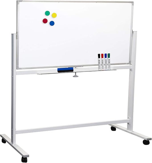 Excello Global Products Large 48"x32" White Board on Wheels: 1 Reversible Magnetic Dry Erase Board with Rolling Stand, 4 Dry Erase Markers, 1 Eraser, 4 Magnets, 1 Marker Tray (White)