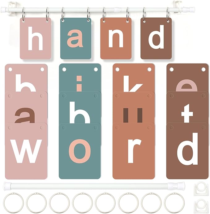 Boho CVC Word Builder with 117 ABC Alphabet Flash Cards Phonics, Adjustable CVCC & CCVC Flip Charts with Holder Spelling Game Bulletin Board Letters for Home Wall Decor Supplies
