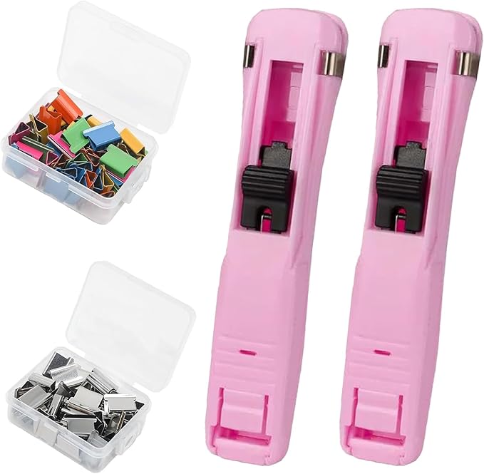 Portable Binder Clip Stapler, Includes 100 Reusable Clips, Handheld Paper Clam Clip Dispenser Large Size, Mini Push Stapler Clamp Staplers for Desktop Document Home School Desk Office(Red*2)