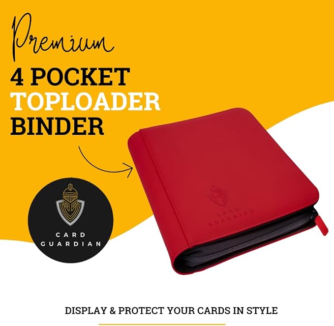 Card Guardian - Toploader 4 Pocket Premium Binder with Zipper for 160 Cards - Side Loaded Pockets - Compatible with Sports and Trading Cards TCG (Red)