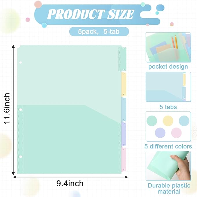 5 Sets 5 Tab Binder Dividers with Pockets for 3 Ring Plastic Binders 8.5 x 11 Inches 3 Hole Punched Page Divider Sturdy Colorful Dividers for Office School Business Home Organizer (Pastel Color)