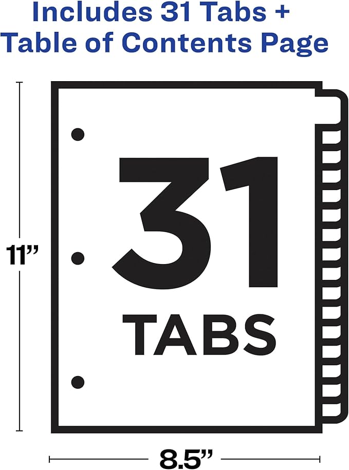 Avery 1-31 Dividers for 3 Ring Binders, 31 Tabs per Set, Customizable Table of Contents, Multicolor Tabs, Great for Organizing Reports, Projects, and More (11129)