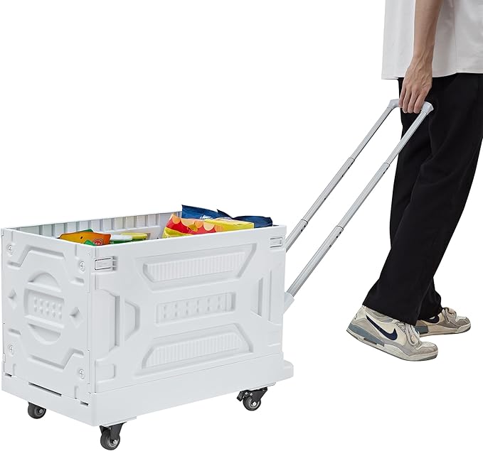 VECELO 23 GAL Modern Rolling Carts with Wheels, Foldable Utility Cart, Light Weight Platform Trucks Dolly, 4 Heavy Duty Wheels, Ideal for Shopping, Camping, Teachers, Pearl White