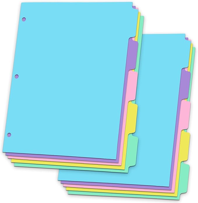 5-tabs 2 Set Binder Dividers with Tabs,Plastic Index with Label,Colorful Big Tab Dividers for 3 Ring Binder (10)