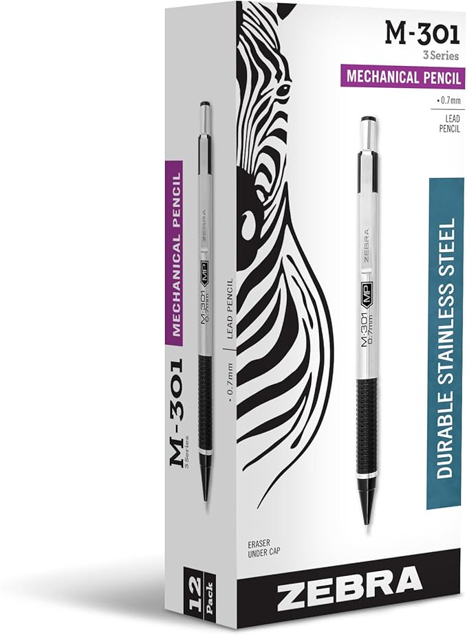 Zebra Pen, M-301 Mechanical Pencil, 0.7mm Point, Stainless Steel Barrel, Textured Grip, Smooth Writing Performance, Refillable, STEEL Series, 12-Count, (54310)