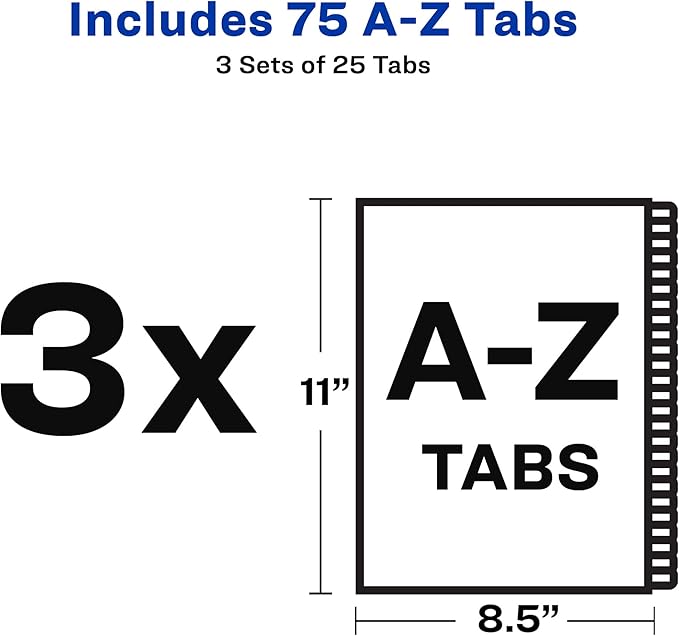 Avery A-Z Dividers for 3 Ring Binders, 25 Tabs per Set, Pre-Printed Black Leather Tabs, Great for Organizing Records, Reports, Finances, and Other Important Documents (3 Sets of 21350)