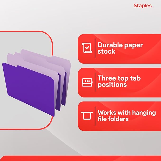Staples File Folders, Letter Size, 1/3‑Cut Tabs, Purple, Durable 10.5‑Point Paper Stock, 100/Pack