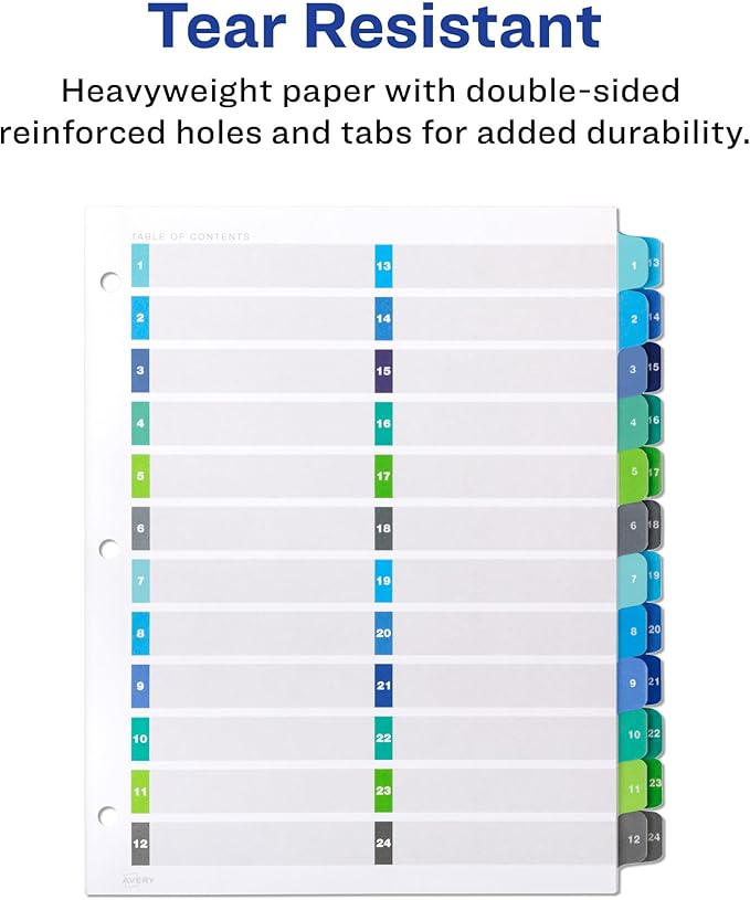 Avery Double Column 24 Tab Dividers for 3 Ring Binders, Customizable Table of Contents, Multicolor Tabs, 1 Set (11321)