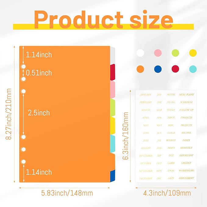 64 Pcs A5 Index Divider 6 Hole Binder Dividers 8.27 x 5.83 Inch 8 Colors Plastic Binder Dividers with Gold Month Stickers for Notebook Loose Leaf Binders Travel Diary Journal Planner