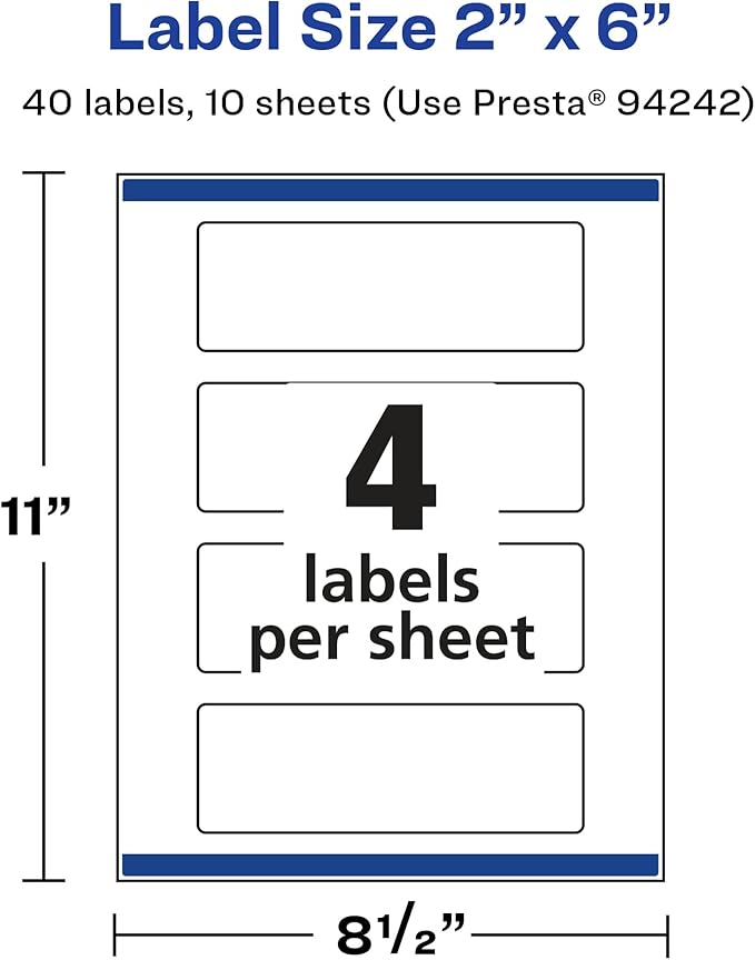 Avery Glossy White Rectangle Labels, Sure Feed Technology, 2" x 6", 40 Glossy White Labels, Print-to-The-Edge, Permanent Adhesive, Laser/Inkjet Printable