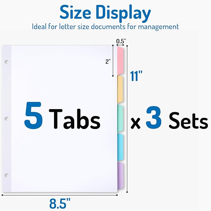 Forvencer Blank Writable Binder Dividers, 1/5 Cut Tabs, 3 Hole Punch Dividers with Reinforced Edge, Binder Dividers with Multicolor Tabs, Letter Size, 3 Sets, 15 Dividers