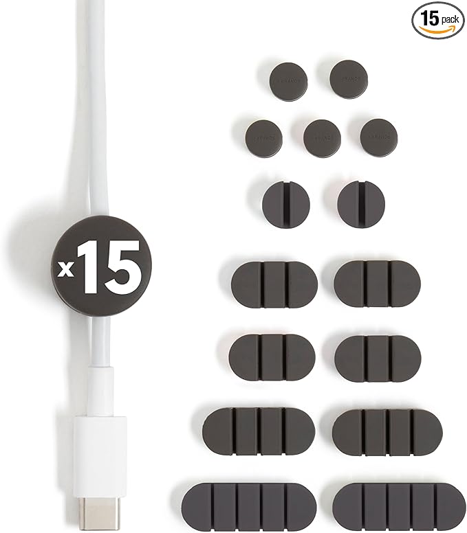 U Brands Adhesive Cord Organizers, Set of 15 Cable Clips, Office Desk Accessories, Office Supplies, Soft Touch Matte Black