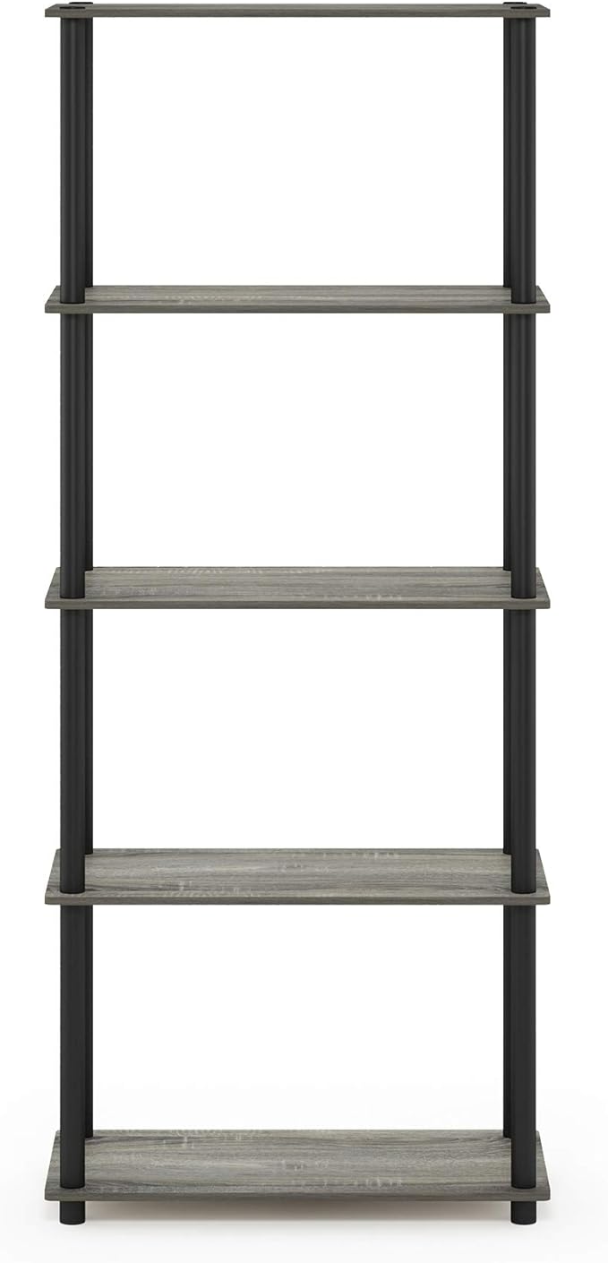 Furinno TURN-N-TUBE Storage Shelves, 5-Tier Book Shelf, Corner Shelf, Toolless Open Shelves, for Organization and Storage, Living Room, Garage, Home Office, French Oak