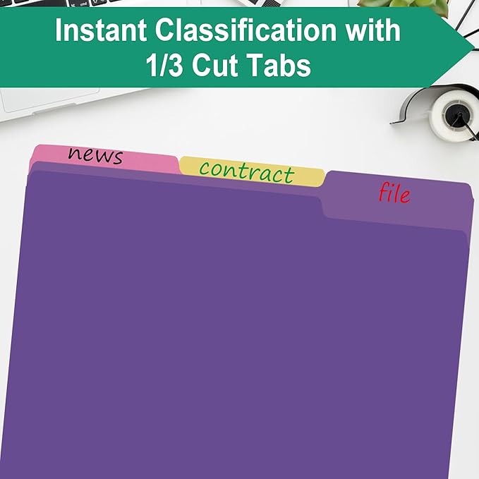100 Pack Purple File Folders 8.5x11 Inch,Colored File Folder 1/3 Cut Tab File Folders Letter Size,Office Folders for Document