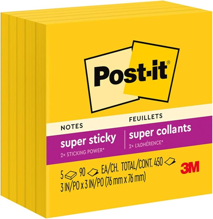 Post-it Super Sticky Notes, 5 Sticky Note Pads, 3 x 3 in., School Supplies, Office Products, Sticky Notes for Vertical Surfaces, Monitors, Walls and Windows, Sunnyside Yellow