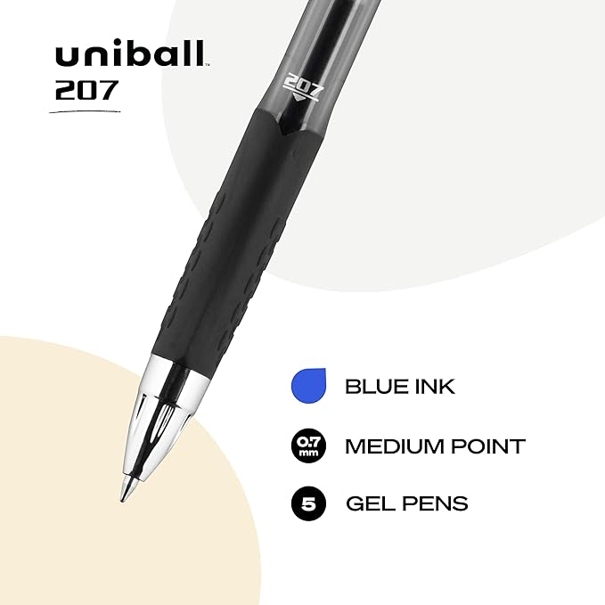 Uni-Ball Signo 207 Blue Retractable Gel Pens 5 Pack with Medium 0.7mm Points, Fraud Proof Office, Nursing, Business, School, Bible Pens