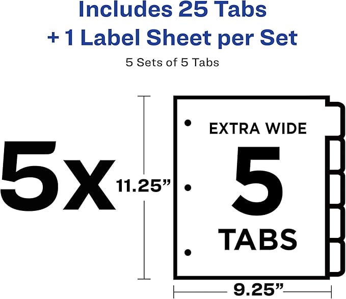 Avery 5-Tab Extra Wide Binder Dividers, Easy Print & Apply Clear Label Strip, Index Maker,White, 5 Sets (11440)