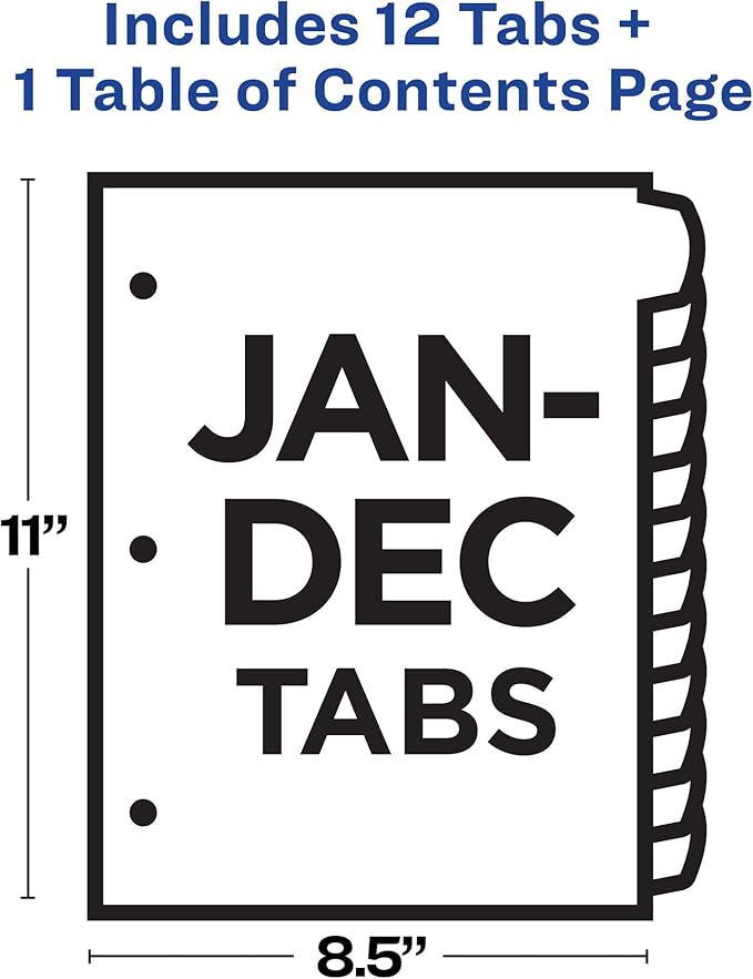 Avery Jan-Dec Dividers for 3 Ring Binders, 12 Tabs per Set, Customizable Table of Contents, Multicolor Arched Tabs, Great for Organizing Reports, Projects, and More (11847)