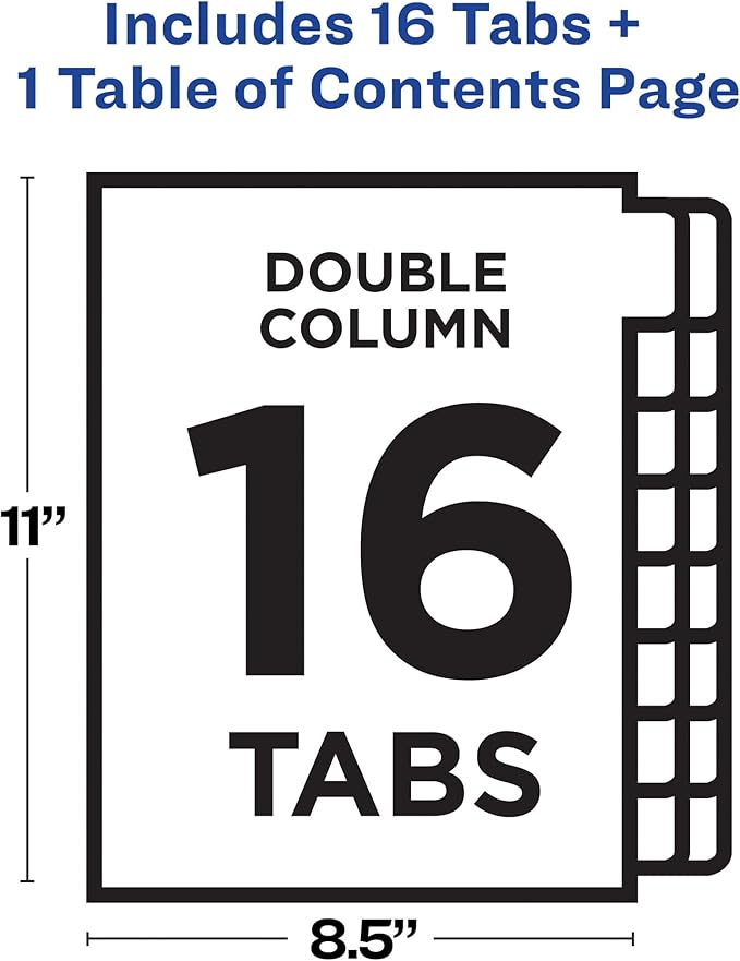 Avery Double Column Dividers for 3 Ring Binders, 16 Tabs per Set, Customizable Table of Contents, Multicolor Tabs, Great for Organizing Reports, Projects, and More (11320)
