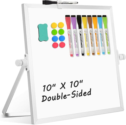 Dry Erase Magnetic White Board, 10" x 10" Double-Sided Desktop Whiteboard with Stand, Portable Small Whiteboard Set for Drawing, Office, Home