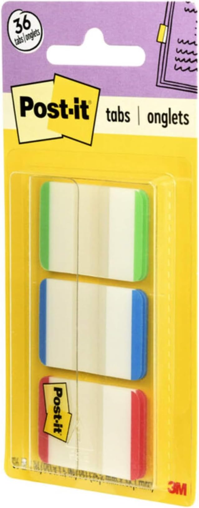 Post-it Tabs with On-The-Go Dispenser, 1-Inch Lined, Green, Blue, and Red, 12-Tabs/Color, 108 tabs/Dispenser