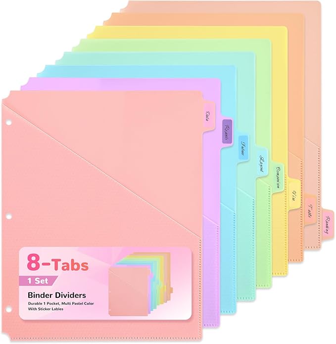 SUIN 8 Tab Binder Dividers with Pockets - Heavy Duty Plastic Dividers for 3 Ring Binder, Letter Size Poly Page Separators with Tabs & Label Stickers, Diamond Texture, 8 Pastel Colors, 1-Pack