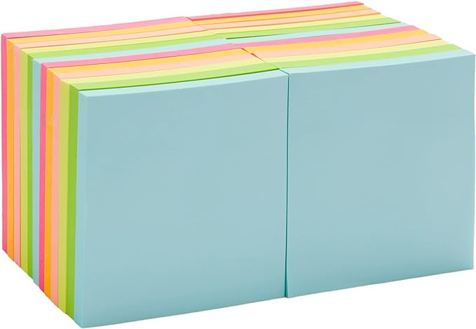 Amazon Basics Square Sticky Notes for Organizing, Reminders, To Do Lists, Clean Removal, 3"x3", 24-Pack, Assorted Colors