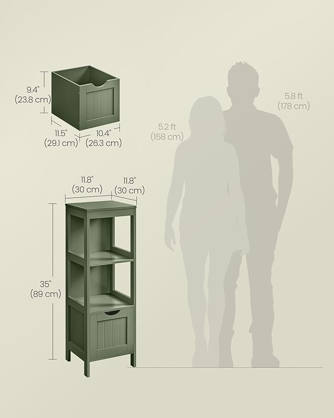 VASAGLE Storage Cabinet, Storage Organizer Rack Stand for Bathroom, Living Room, Bedroom, Multifunctional Corner Unit, 2 Drawers, 35 Inches in Height, Forest Green UBBC042C01