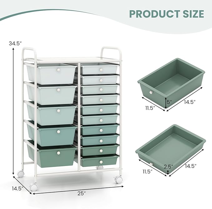COSTWAY 15 Drawer Rolling Storage Cart, Mobile Utility Cart with Lockable Wheels, Drawers, Multipurpose Organizer Cart for Home, Office, School, Gradient Green