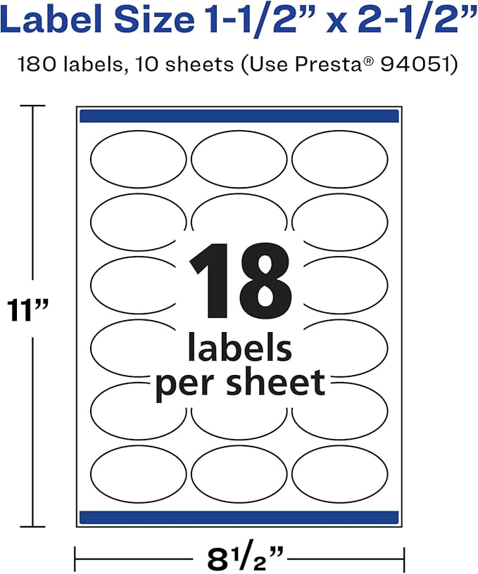 Avery Glossy White Oval Labels, Sure Feed Technology, 1.5" x 2.5", 180 Glossy White Labels, Permanent Adhesive, Laser/Inkjet Printable