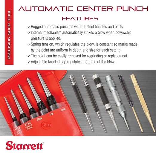 Starrett Steel Automatic Center Punch with Adjustable Stroke - 5" Length, 9/16" Punch Diameter, Lightweight, Knurled Steel Handle - 18A