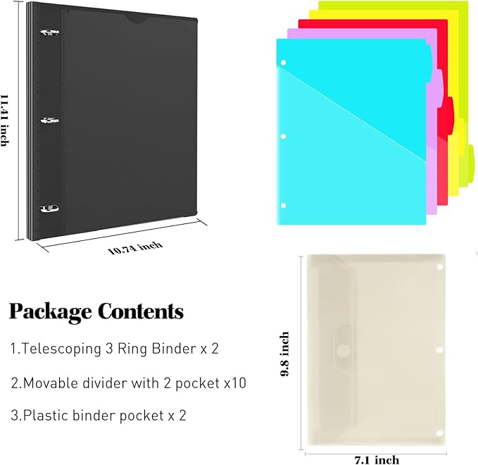 INFUN 1 Inch Telescoping Project Organizer Binder-2PCS,13 Pocket, Customizable Front Cover, 5 Colors Pocket Divider and Plastic Binder Pocket，225 Sheet Capacity-Black