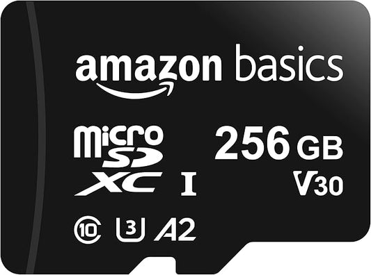 Amazon Basics Micro SDXC Memory Card with Full Size Adapter for Smartphones, Tablets, Action Cameras, Full HD, A2, U3, Read Speed up to 100 MB/s, 256 GB, Black