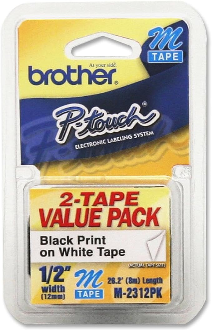 Brother P-Touch M-231 Label Maker Tape, 1/2-inch x 26-2/10', Black on White, 2/Pack (M-2312PK)