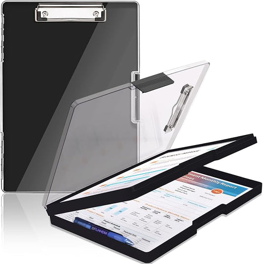 SFLHHDM Clipboard with Storage,Heavy Duty Clip Boards 8.5x11 with 2 Storage Case,Clear Visible Panel Storage Clipboards,Side Opening Nursing Clipboard Folder for Office Supplies-Black