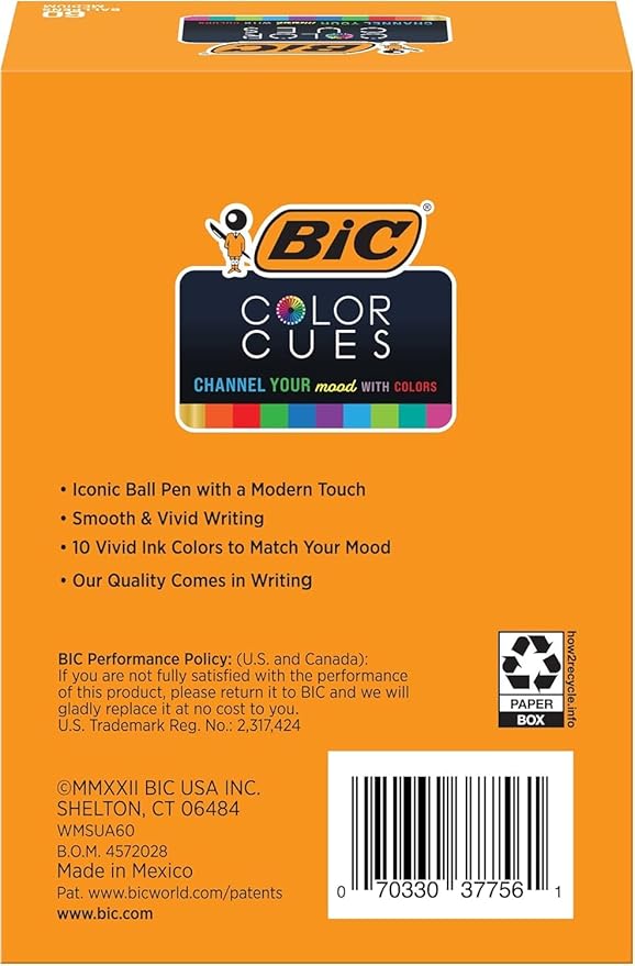 BIC Color Cues Pen Set, 60-Count Pack, Assorted Colors, Fun Color Pens for School Supplies, Includes BIC Cristal Xtra Smooth Ballpoint Pens
