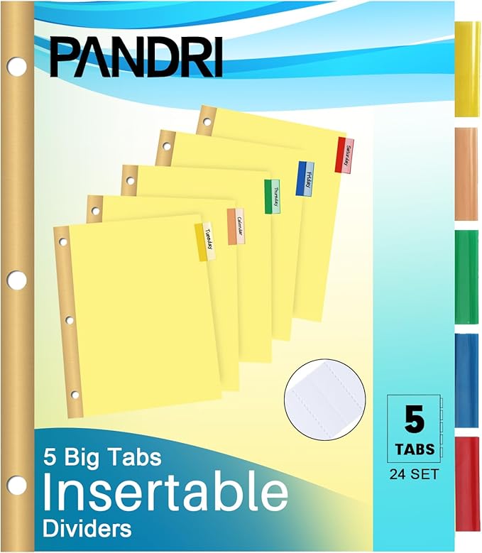 Binder Divider, PANDRI 120 Pack Binder Index Dividers with 5 Insertable Multicolor Big Tabs, Letter Size Paper Binder Divider for School Office Home Business