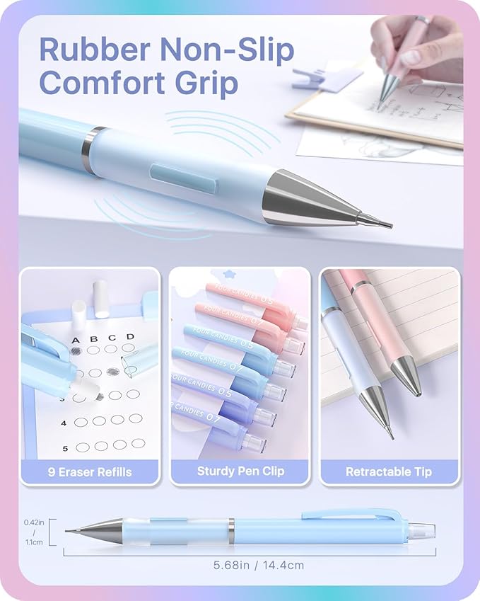 Four Candies Cute Mechanical Pencils 0.7mm, Pencil Set with 360PCS Lead Refills & Pastel Erasers, School Supplies with Case