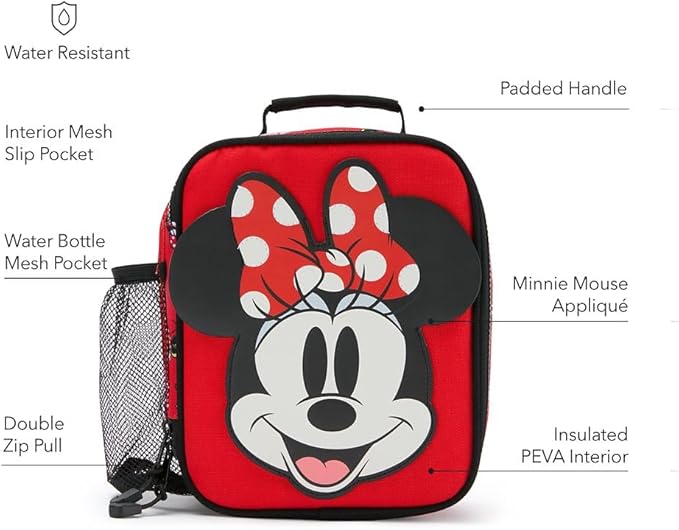Disney Store Official Minnie Mouse Collegiate Insulated Lunch Box - Minnie Mouse Lunch Bag for Kids with Double Zip Pull, Embroidered Details, Screen Art, Mesh Pocket, ID Label - Perfect for School