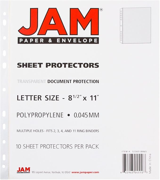 JAM PAPER Sheet Protectors - Fits Standard 8 1/2 x 11 Paper - Clear - 10 Document Sleeves/Pack
