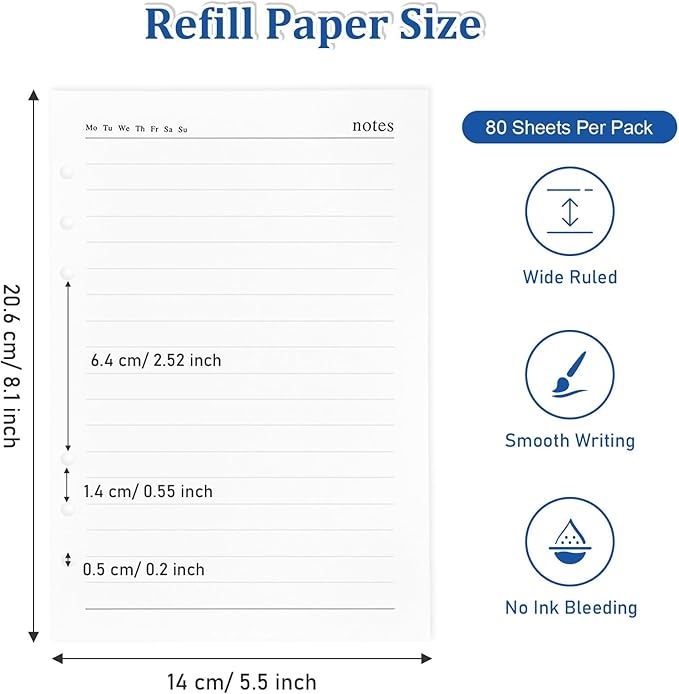 SAYEEC Refill Paper Loose Leaf Lined Paper for A5 Planner Organizer, 80 Sheets 6 Holes Ring Binder Planner for Journals Notebooks Diaries Inserts (3 Pack Refillable Loose Leaf)