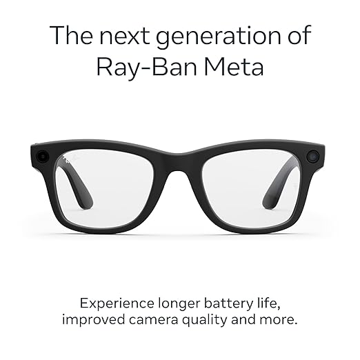 Ray-Ban Meta (Gen 2), Wayfarer, Matte Black | Smart AI Glasses for Men, Women — 2X Battery Life — 3K Ultra HD Resolution and 12 MP Wide Camera, Audio, Video — Clear Lenses — Wearable Technology