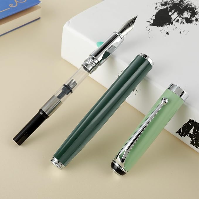cobee Metal Fountain Pens with 10 Black Ink Cartridges, 0.5mm Fine Nib Fountain Pen Smooth Writing Luxury Calligraphy Pen Office School Supplies Gift(Green)