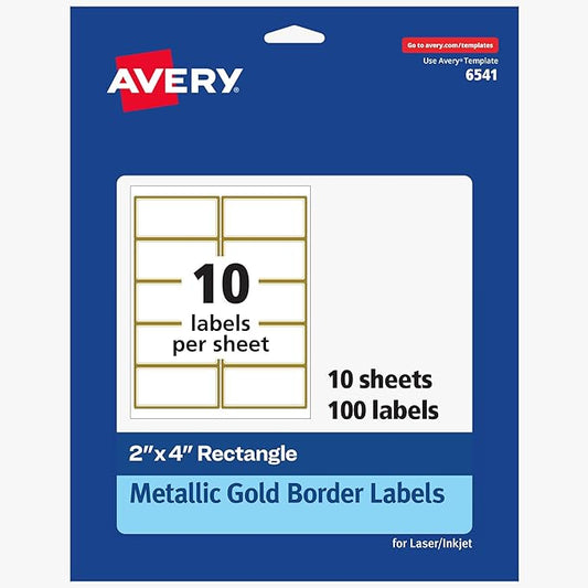 Avery Printable Rectangle Labels, 2" x 4" Blank Labels, Shipping, Matte White, Metallic Gold Border, Permanent Adhesive, Laser/Inkjet Printable, 100 Total (6541)