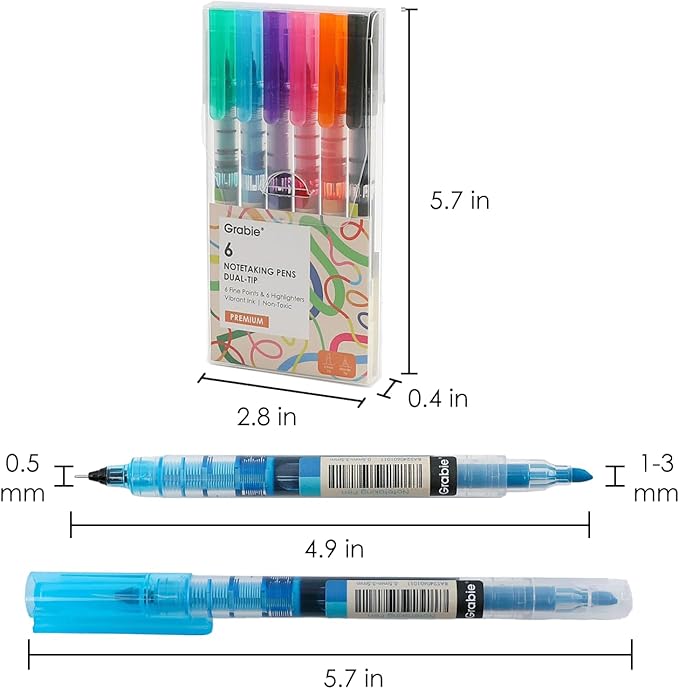 Grabie Dual Tip Notetaking Pens (3.5mm Chisel + 0.5mm Needle), Dual Tip Highlighter Markers for Journaling, Colored Pens for Note Taking and Adult Coloring Books (2 value pack)