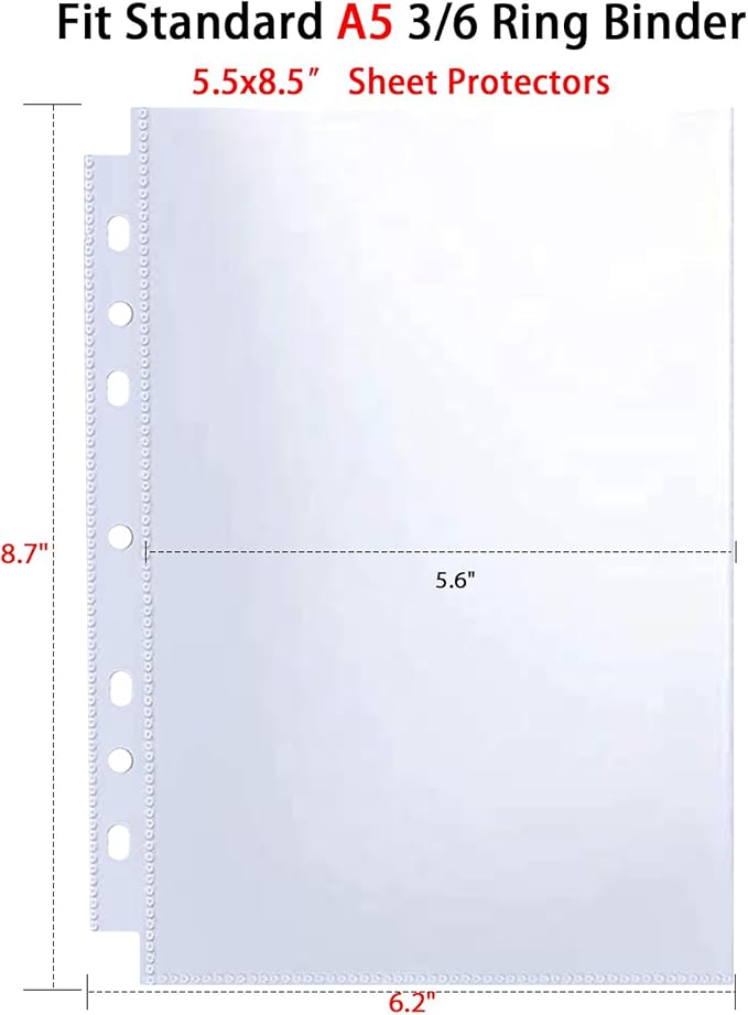 80 Pack 160 Pockets 5.5x8.5” Sheet Protector Sleeves for 6 Ring A5 Binder, A5 Mini 3 Ring Binder, Ultra-Clear Playbill Holder Sleeves, Double-Sided, Top Loading Sheet Protector for Paper Report