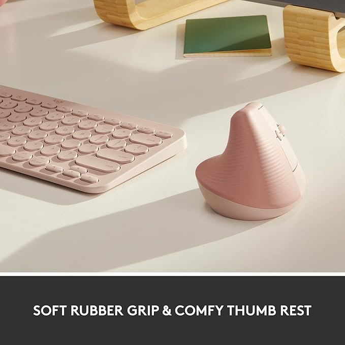 Logitech Lift Vertical Ergonomic Mouse, Wireless, Bluetooth or Logi Bolt USB Receiver, Quiet clicks, 4 Buttons, Compatible with Windows/macOS/iPadOS, Laptop, PC - Rose