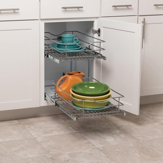 Knape & Vogt Simply Put 14-in W x 19.2-in H Metal 2-Tier Pull Out Cabinet Basket, 14 Inch, Frosted Nickel